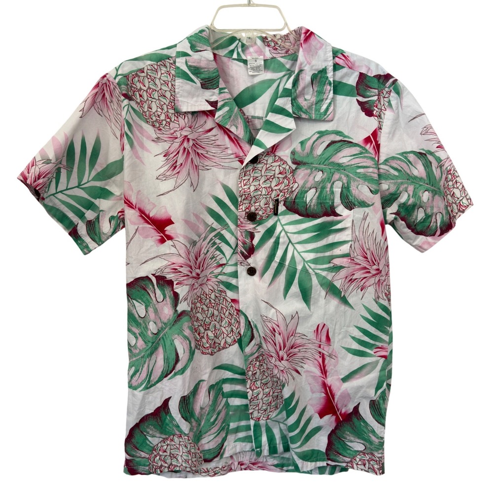 Palmwave Hawaii Shirt Tropical Pineapple Monstera White Pink Green Cotton S